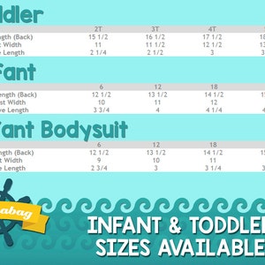 May include: A chart showing infant and toddler clothing sizes in inches. The chart is divided into three sections: Toddler, Infant, and Infant Bodysuit. Each section lists the size, body length, chest width, and sleeve length. The chart is on a light blue background with a white border.