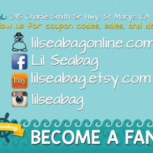May include: A blue and white business card with the text "Lil Seabag" and the website address "lilseabagonline.com". The card also includes social media icons for Facebook, Etsy, and Instagram.