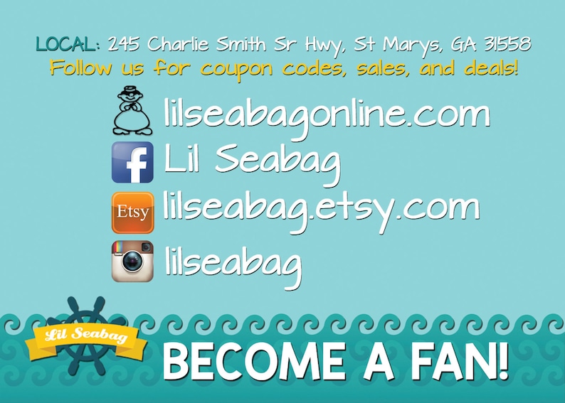 May include: A blue and white business card with the text "Lil Seabag" and the website address "lilseabagonline.com". The card also includes social media icons for Facebook, Etsy, and Instagram.