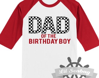 Race Car theme Birthday Shirts, Dad Mom of the Birthday Boy, Red Raglan Shirt, Checkered Flag, Birthday Jersey, Race Car, Racing, Cars
