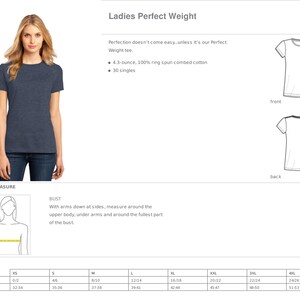 May include: A size chart for a women's t-shirt, showing measurements in inches for bust size. The chart includes sizes XS through 4XL. The t-shirt is described as a 4.3-ounce, 100% ring spun combed cotton, 30 singles.
