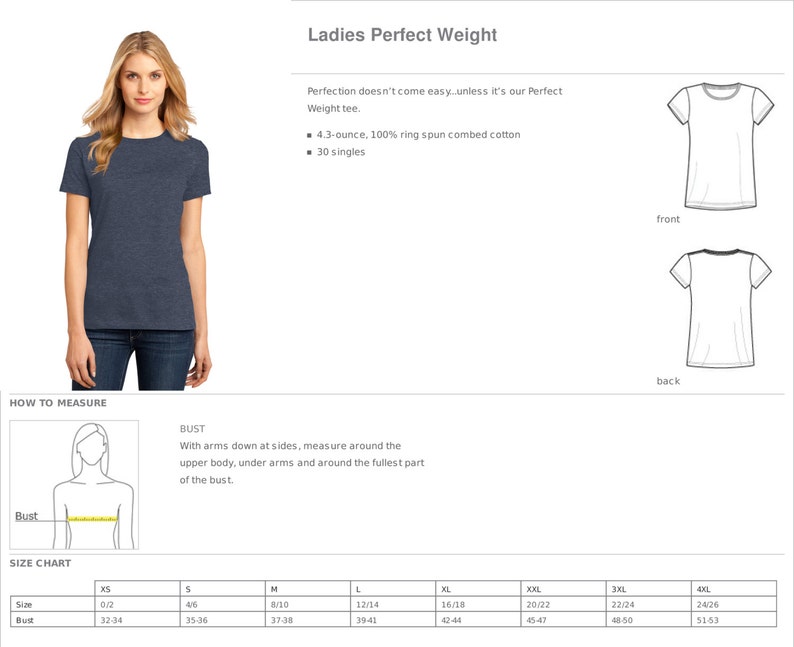 May include: A size chart for a women's t-shirt, showing measurements in inches for bust size. The chart includes sizes XS through 4XL. The t-shirt is described as a 4.3-ounce, 100% ring spun combed cotton, 30 singles.