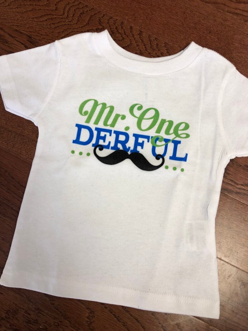 May include: White short-sleeved t-shirt with green and blue text that reads "Mr. One Derful" with a black mustache graphic.