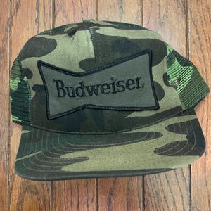 Vintage 80s 90s Bud Budweiser Beer Hat Camo Mesh Trucker Hat Snapback Baseball Cap Patch USA Made