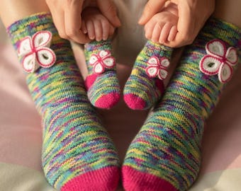 Handmade Knitted Butterfly Socks Set for Mother and Baby – Multicolor Yarn