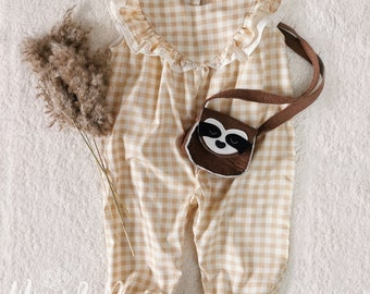 Beige Plaid vintage shape Handmade Ruffle Bibbed Toddler Romper. 12-18 and 18-24 months