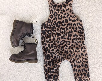 Leopard Print Soft Stretch Dungarees. 6-9, 9-12, and 2-3
