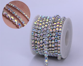 AB Crystal Cup Chain By Spool | Single Strand Rhinestone Trim |  SS6 (1.30-1.35 mm), SS12 (3.00-3.20mm), SS18 (4.2-4.4mm) | S01