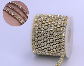 Gold Crystal Cup Chain By Spool | Single Strand Rhinestone Trim |  SS6 (1.30-1.35 mm), SS12 (3.00-3.20mm), SS18 (4.2-4.4mm) | S01