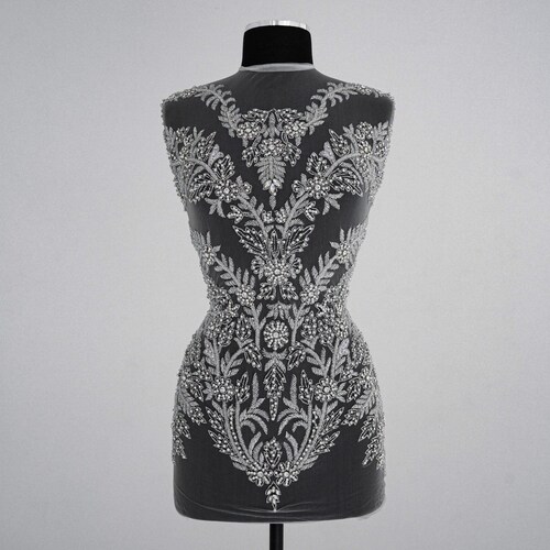 Beaded mesh bodice & glitter stretch satin