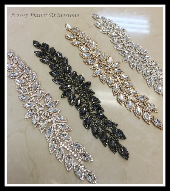 Rhinestone Leaf Bridal aplique/ Sash Applique/ Swarovski Shine (Silver, Gold, Rose Gold, Black) #0171