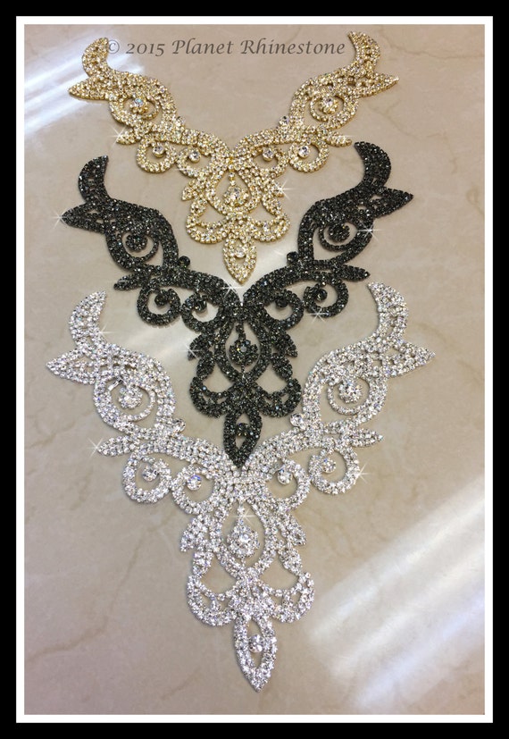 Rhinestone Necklace Applique/ Rhinestone Neckline Applique/ Bridal Applique/(Silver, Gold) ~ Swarovski Shine #0177