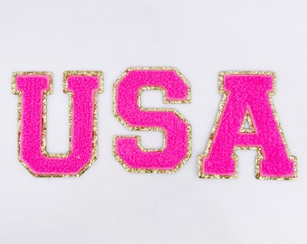 Letras Hotfix Chenille 2,8" | Letras difusas | Letras Jersey | Rosa choque, rosa claro, turquesa, branco