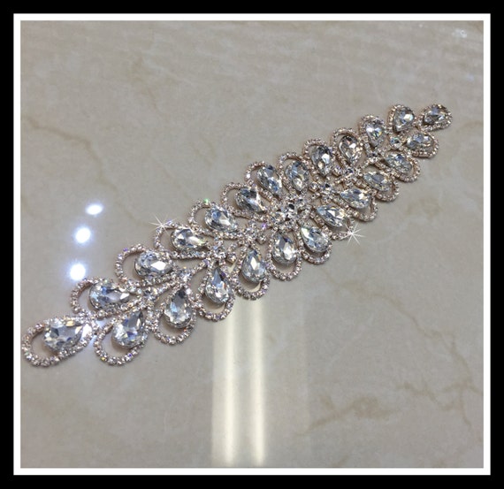Crystal Bridal Applique, Bridal Sash, Rhinestone Applique, Swarovski Applique (Silver, Rose gold) #A-11