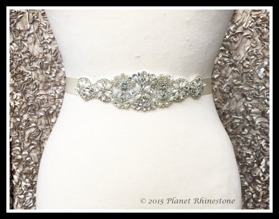 DIY Bridal Sash - Wedding Dress Sash Belt Applique - Rhinestone and Pearl Wedding Sash - White Rhinestone Bridal Sash #0303