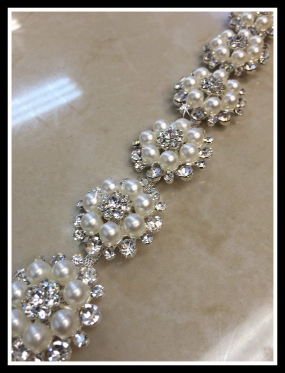 Rhinestone Pearl Flower Bridal Trim, Trim by the Yard, Pearl Bridal Sash #0316
