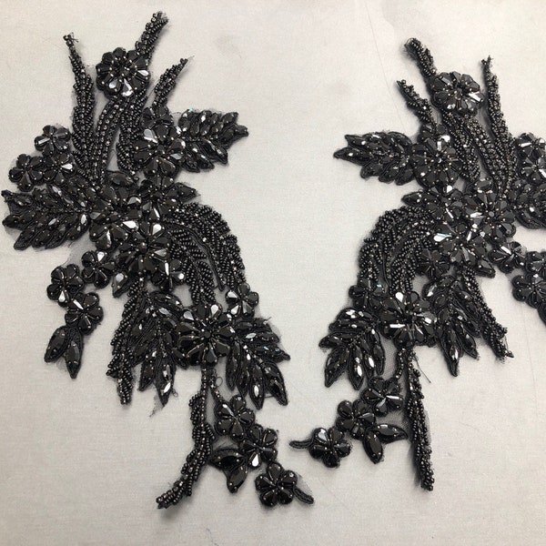 Matte Black Hand Beaded Applique MOTIF-090/1 Fabric main image 0