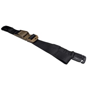 Op de afbeelding: Een zwarte verstelbare band met een bruine plastic gesp en een zwarte plastic clip.