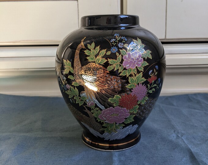Vintage Black Japanese Vase With Peacock and Floral Floral Design