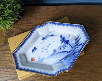 Vintage Japanese Blue and White Octagonal Arita Hand Painted / Japanese Porcelain / Arita Dish / Japan Pottery/ Trinket Dish / Jewelry Dish