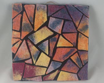 Felted Square Trivet, Mosaic Style Abstract  in Sunset Colors
