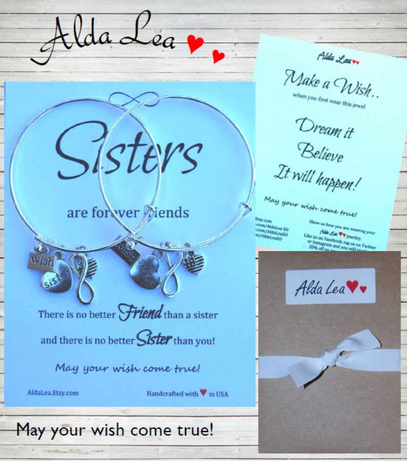 Sister Bracelet Make a Wish Bangle Infinity Wish Charm Bangle Sister Gift Inspirational Quote Card Sisters Forever Friends Christmas Gift