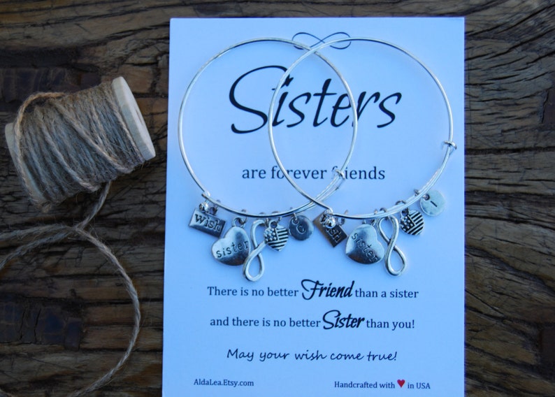 Sister Bracelet Make a Wish Bangle Infinity Wish Charm Bangle Sister Gift Inspirational Quote Card Sisters Forever Friends Christmas Gift