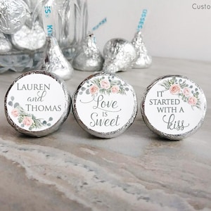 Printed Chocolate Kiss Stickers - Personalized Party Favor Labels - Elegant Rose