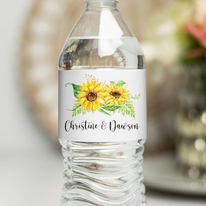 Printed Personalized, Custom Water Bottle Stickers for Wedding or Party Favors 2x8.5 self-stick labels / Sunflower Design / SF19 image 1