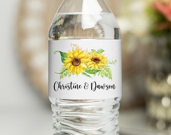 Printed Personalized, Custom Water Bottle Stickers for Wedding or Party Favors - 2"x8.5" self-stick labels / Sunflower Design / SF19