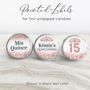 Printed Personalized Chocolate Kiss Stickers - Party Favors for Quinceañera, Sweet 16, First Birthdays and more - Pink Crown Sparkles /QC21