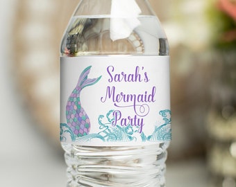 Printed Personalized Water Bottle Labels - Party Favors 2"x8.5" labels - Mermaid in Waves - Bridal Shower, Baby Shower - MW21