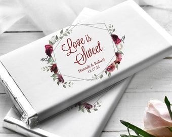 Printed Labels for Full Size Candy Bar Chocolate Bar Stickers Wedding Favor - Burgundy Flower Stickers / Silver Shape / RQ19