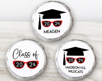 Printed Chocolate Kiss Stickers - Personalized Graduation Party Favor Candy Stickers / Sunglasses with Year and Hat / SG24