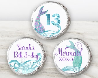 Printed   Stickers - Personalized Favors for Birthdays, Bat Mitzvah, Baby Shower - Mermaid Tail in Waves - MW21