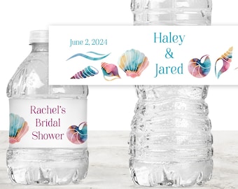 Printed Water Bottle Labels / Custom Stickers for Favors at Weddings and Parties / Waterproof 2 Sizes / Modern Sea Shell / MS24