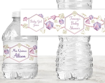 Printed Water Bottle Labels / Custom Stickers for Favors at Weddings and Parties / Waterproof 2 Sizes / Pastel Diamonds and Pearls / DP24
