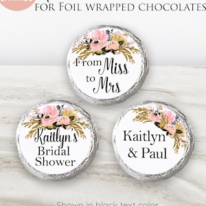 Printed Chocolate Kiss Stickers - Personalized Wedding Favors, Bridal Shower, Custom candy label Glitter Pink Flowers - GP21