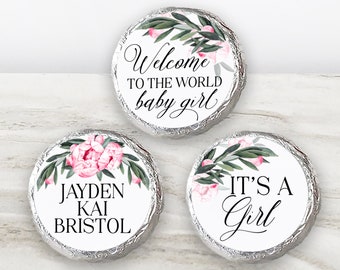 Printed Chocolate Kiss Stickers - Personalized Wedding Favors, Bridal Shower, Custom candy label, Pink Peony / PJ21