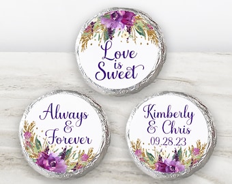 Printed Chocolate Kiss Stickers - Personalized Wedding Favors, Bridal Shower, Custom candy label / Purple Flowers Bouquet - MP18