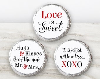 Printed Chocolate Kiss Stickers - Personalized Wedding Favors, Bridal Shower, Custom candy label - Simple, Modern Love is Sweet - LV15