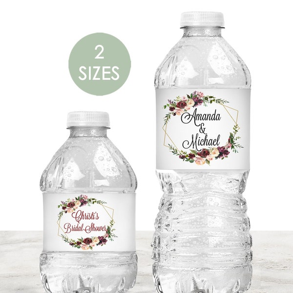Printed Water Bottle Labels / Custom Stickers for Favors at Weddings and Parties / Waterproof 2 Sizes / Burgundy and Blush Roses / BF18