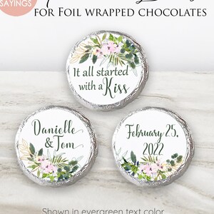 Printed Chocolate Kiss Stickers - Personalized Wedding Favors, Bridal Shower, Custom candy label - Botanical Greenery - PF19
