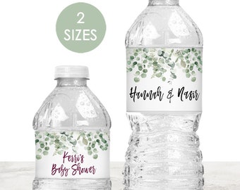 Printed Water Bottle Labels / Custom Stickers for Favors at Weddings and Parties / Waterproof 2 Sizes / Falling Eucalyptus / FE20