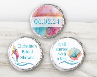 Printed Chocolate Kiss Stickers - Personalized Wedding Favors, Bridal Shower, Custom candy label, Modern Sea Shell Design / MS24