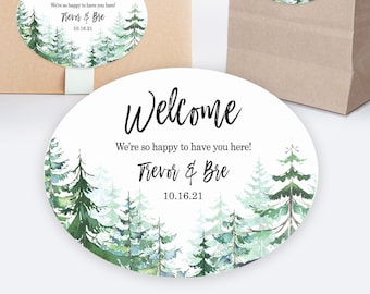 Printed Oval welcome bag and box custom stickers for wedding gifts, hotel baskets and party favors / Evergreen Conifer Trees TR19
