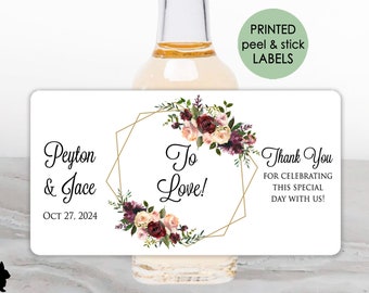 Printed, Personalized Mini Liquor Bottle Labels-Waterproof Favor Stickers 2 x 3.75 in.-Custom Alcohol Labels - Burgundy Blush Flowers / BF18