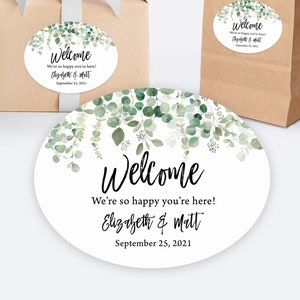 Printed Oval welcome bag and box custom stickers for wedding gifts, hotel baskets and party favors / Falling Eucalyptus / FE20