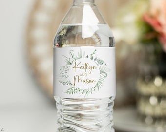 Printed Personalized Water Bottle Labels - Wedding Favors or Party Favor Custom Labels / 2"x8.5" self-stick / Fern Greenery Wreath / FN22