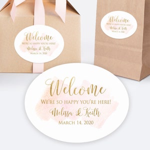 Printed Oval welcome bag and box custom stickers for wedding gifts, hotel baskets and party favors / Pink Watercolor wash Gold Script WC19 image 1